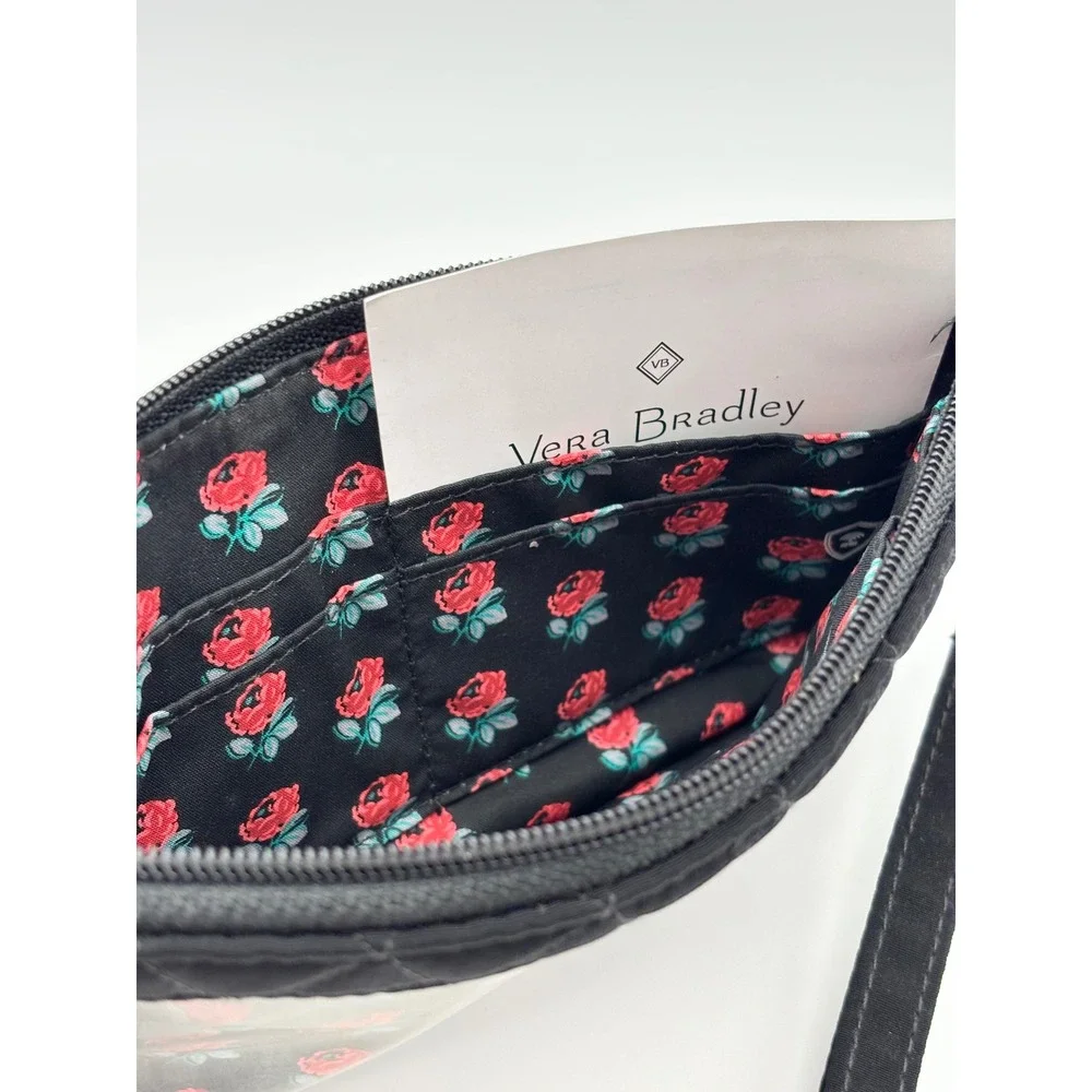 Vera Bradley Black Quilted Cotton Wristlet‎ Wallet Rose Floral Lining ID Window